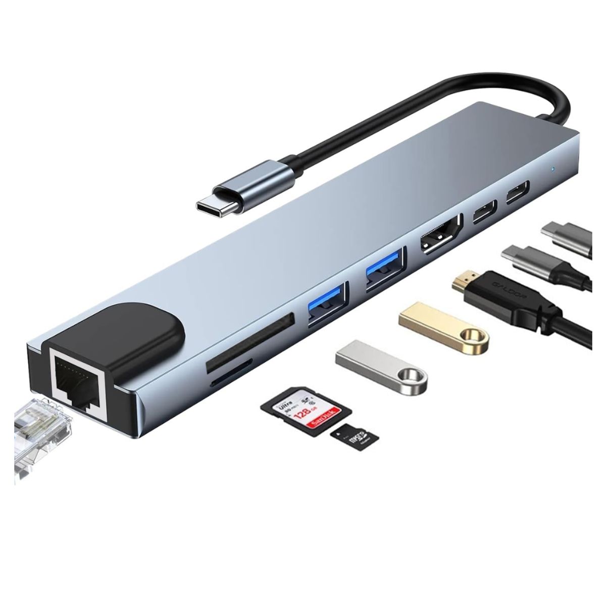 SEISA - Adaptador Hub 8 en 1 Tipo C a HDMI 4K, Red RJ45 Lector Memoria
