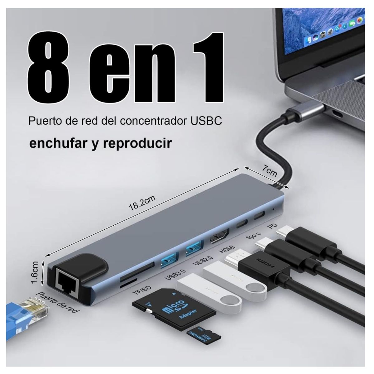 SEISA - Adaptador Hub 8 en 1 Tipo C a HDMI 4K, Red RJ45 Lector Memoria
