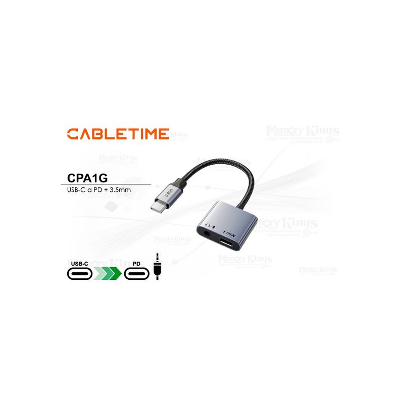 GENERICO - Adaptador Usb-C A 3.5Mm Cabletime Cpa1G, 60W, 2 En 1 - Conecta Y Carga Fácilmente