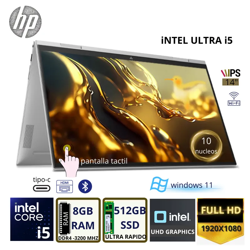 HP - Laptop 2 en 1 HP ENVY x360 de 14", Pantalla touch, Intel Core i5, 8GB RAM, disco sólido de 512GB