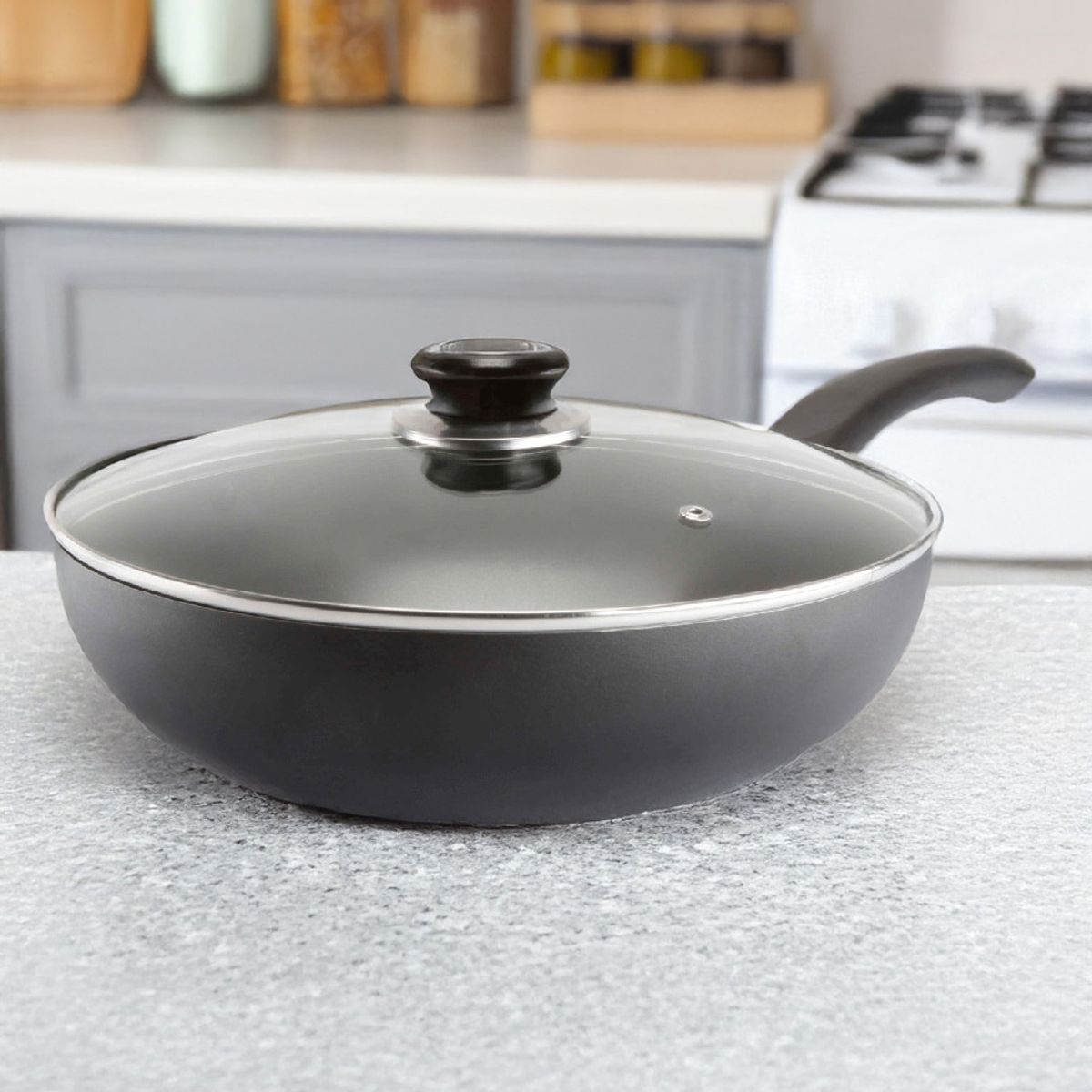 RECORD - Sartén Wok Antiadherente 28 cm Tapa de Vidrio Record