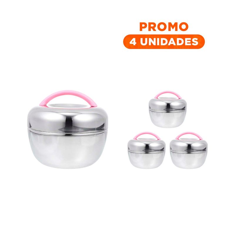 RYBIU IMPORT - Pack4 Recipiente Termico Circular 1L en Rosado y Plateado