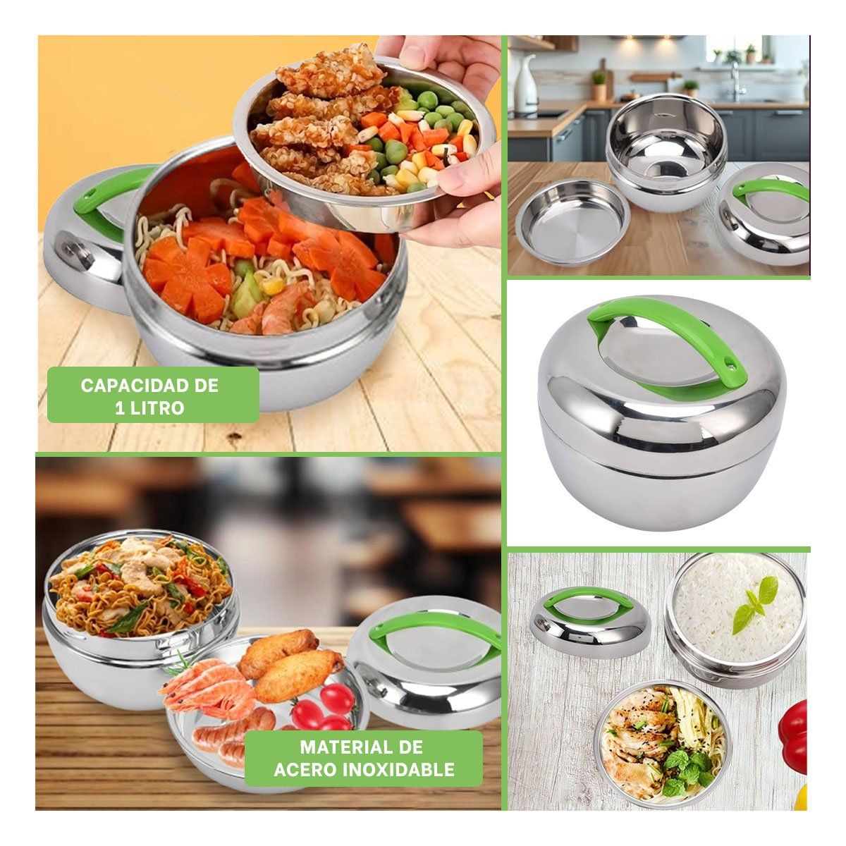 RYBIU IMPORT - Taper Termo Circular de 1L de Color Verde y Plateado