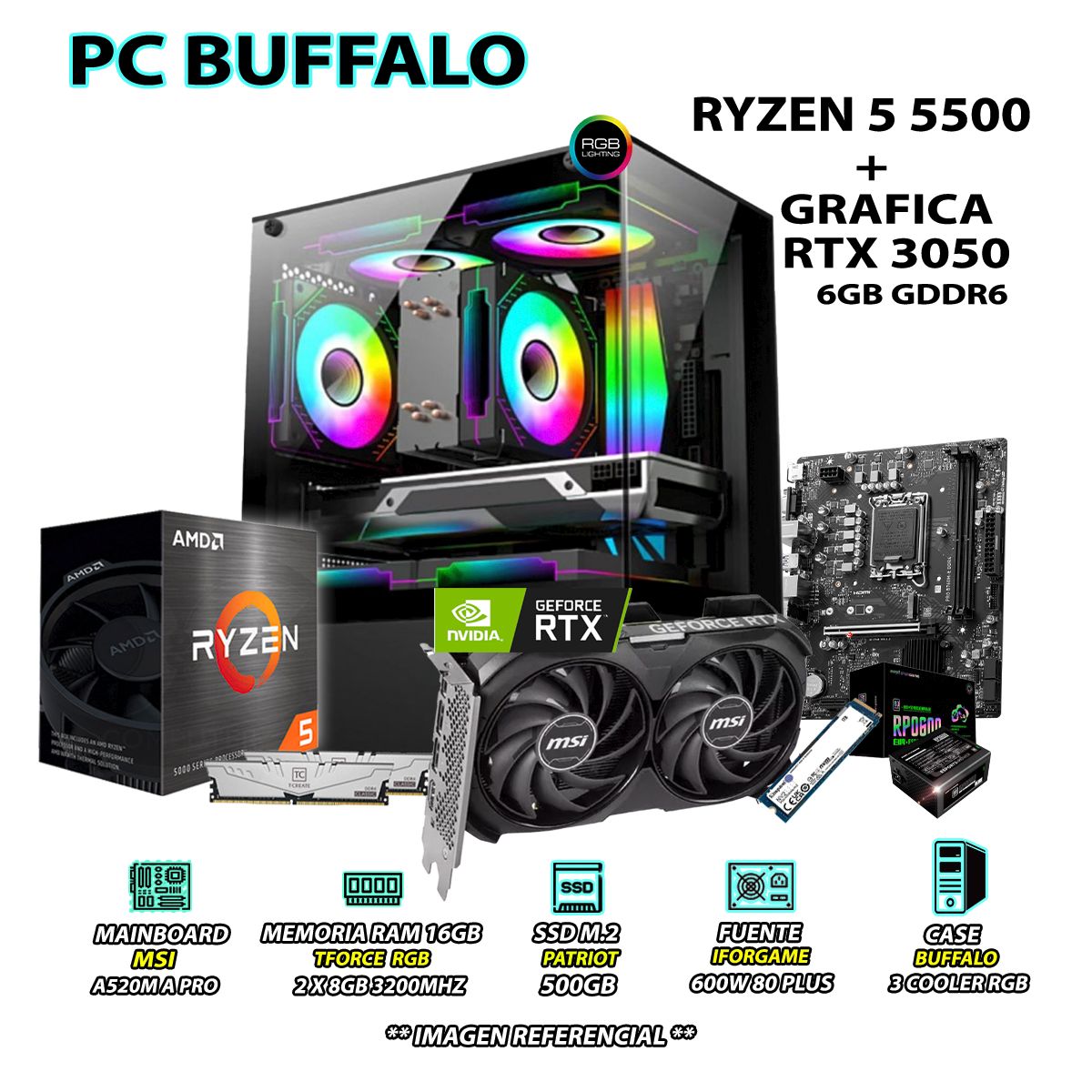 AMD - Computadora Gamer Pro Ryzen 5 5500 RAM 16GB SSD 500GB RTX 3050 6GB