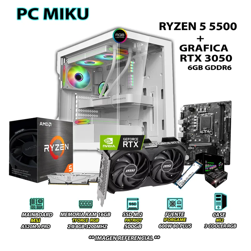 AMD - Computadora Gamer Pro Ryzen 5 5500 RAM 16GB SSD 500GB RTX 3050 6GB