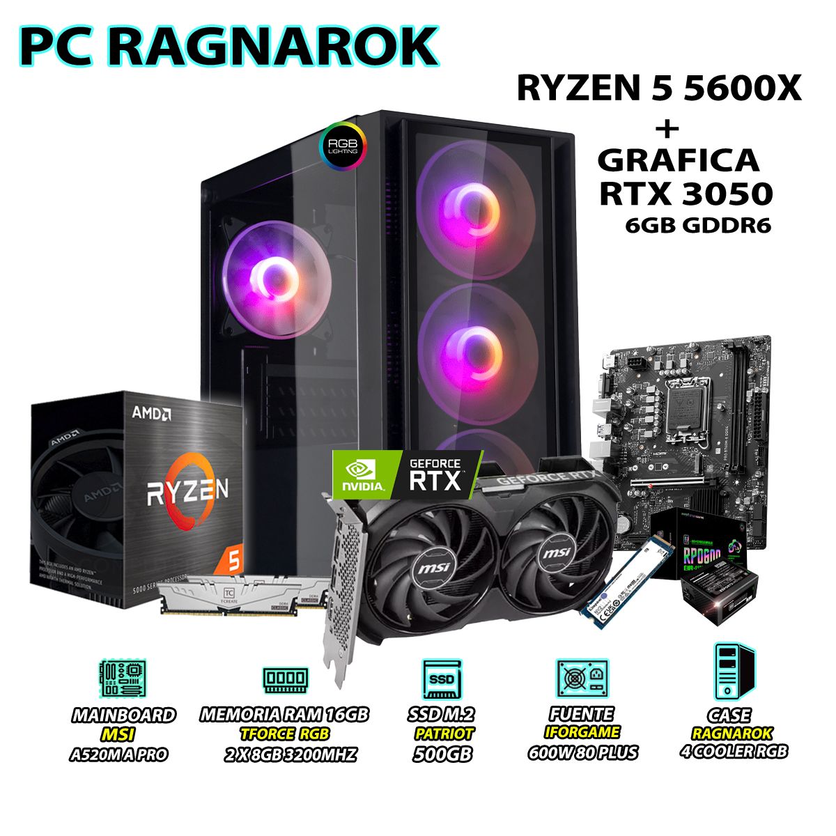 AMD - Computadora Gamer Shooter Ryzen 5 5600X RAM 16GB SSD 500GB MSI RTX 3050 6GB