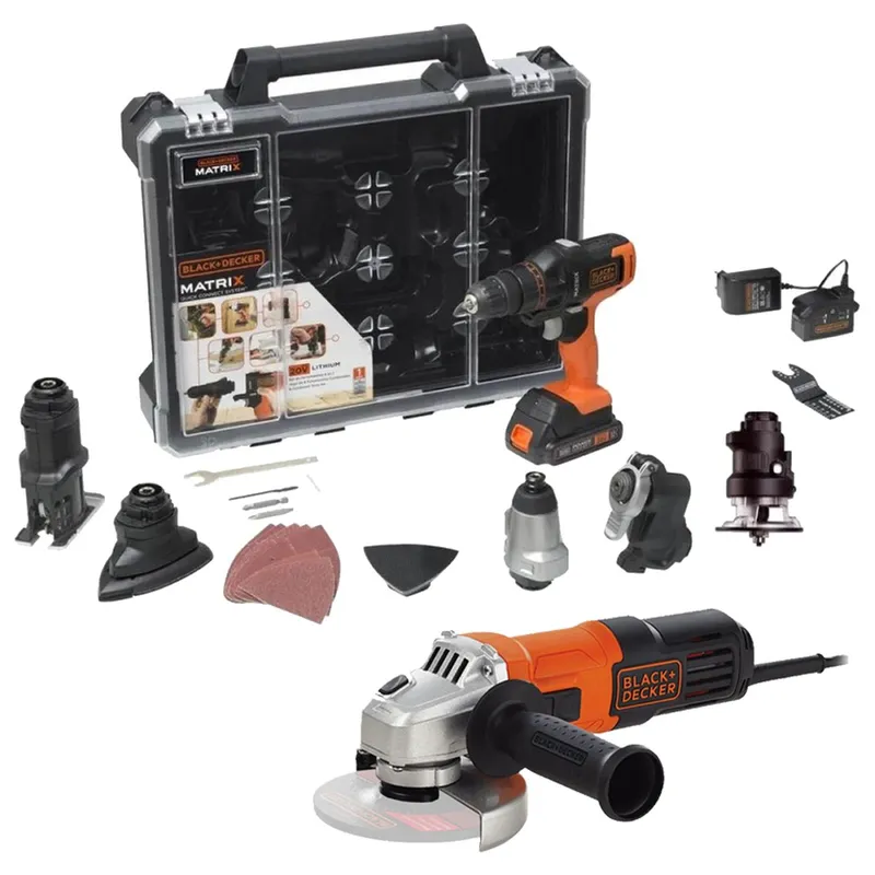 BLACK+DECKER - Taladro Atornillador 3/8" 20V Matrix 6 en 1 + Amoladora 4 1/2" 650W Black + Decker