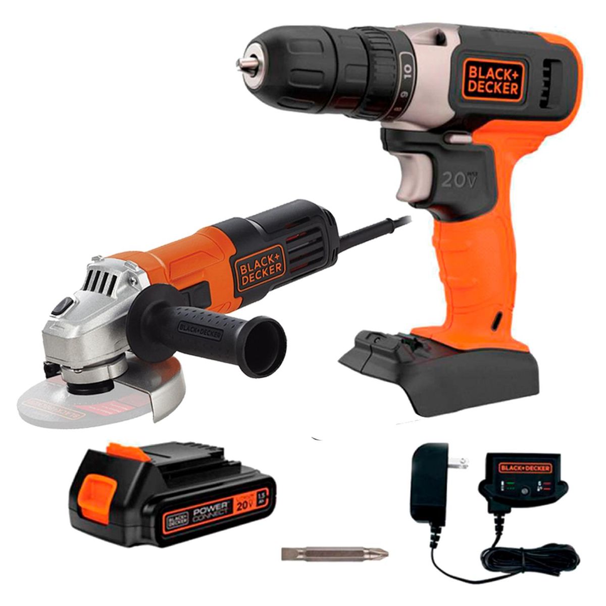 BLACK+DECKER - Taladro Atornillador 3/8" 20V 1 Bat + Amoladora 4 1/2" 650W Black + Decker BCD702C1-K4