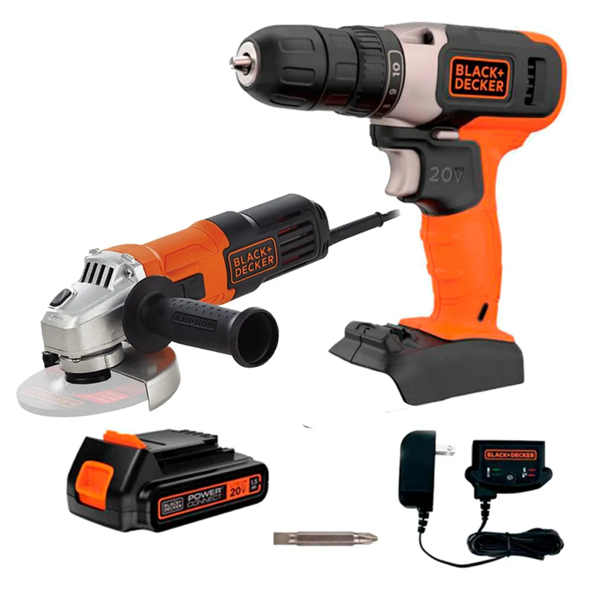 BLACK+DECKER - Taladro Atornillador 3/8" 20V 1 Bat + Amoladora 4 1/2" 650W Black + Decker BCD702C1-K4