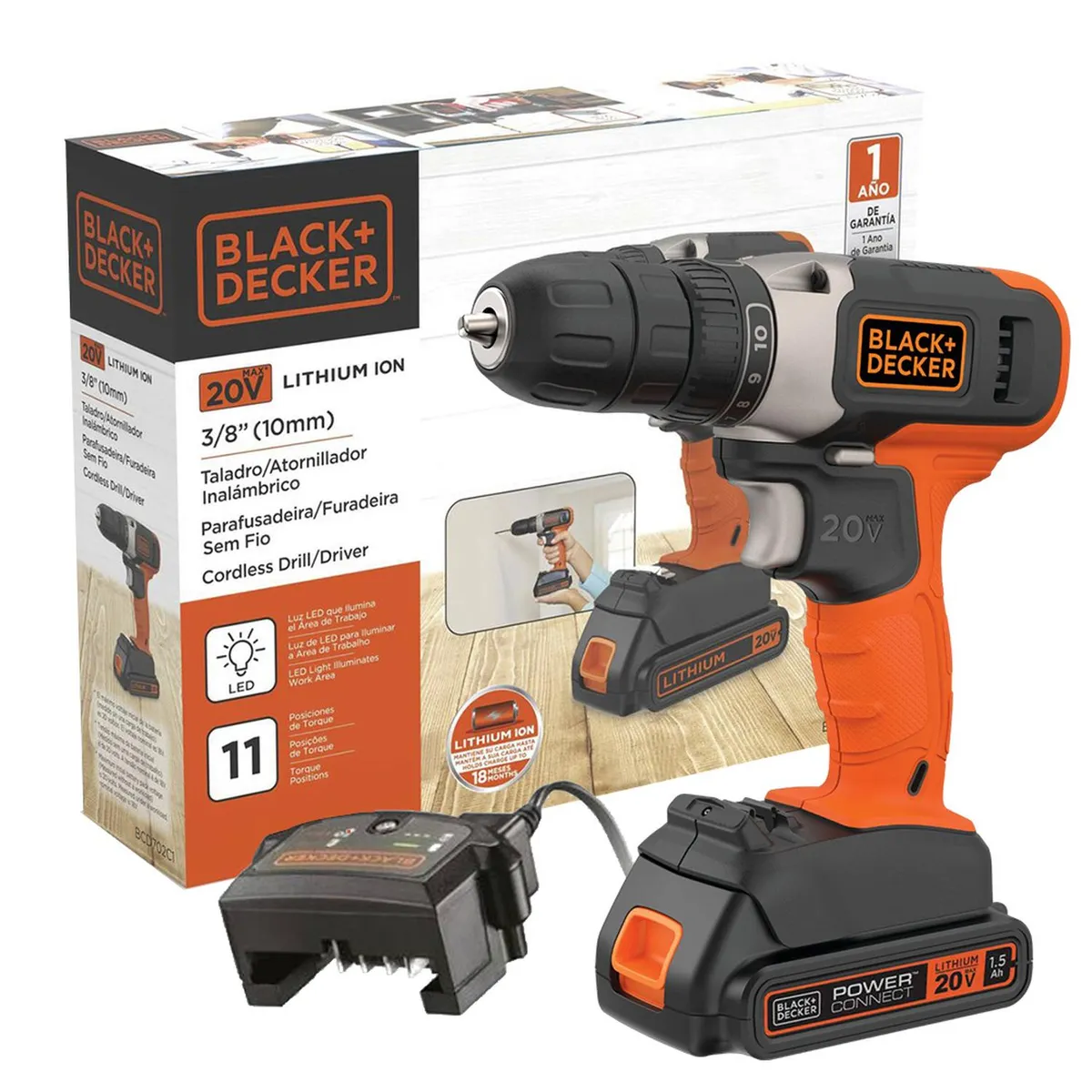 BLACK+DECKER - Taladro Atornillador 3/8" 20V 1 Bat + Amoladora 4 1/2" 650W Black + Decker BCD702C1-K4