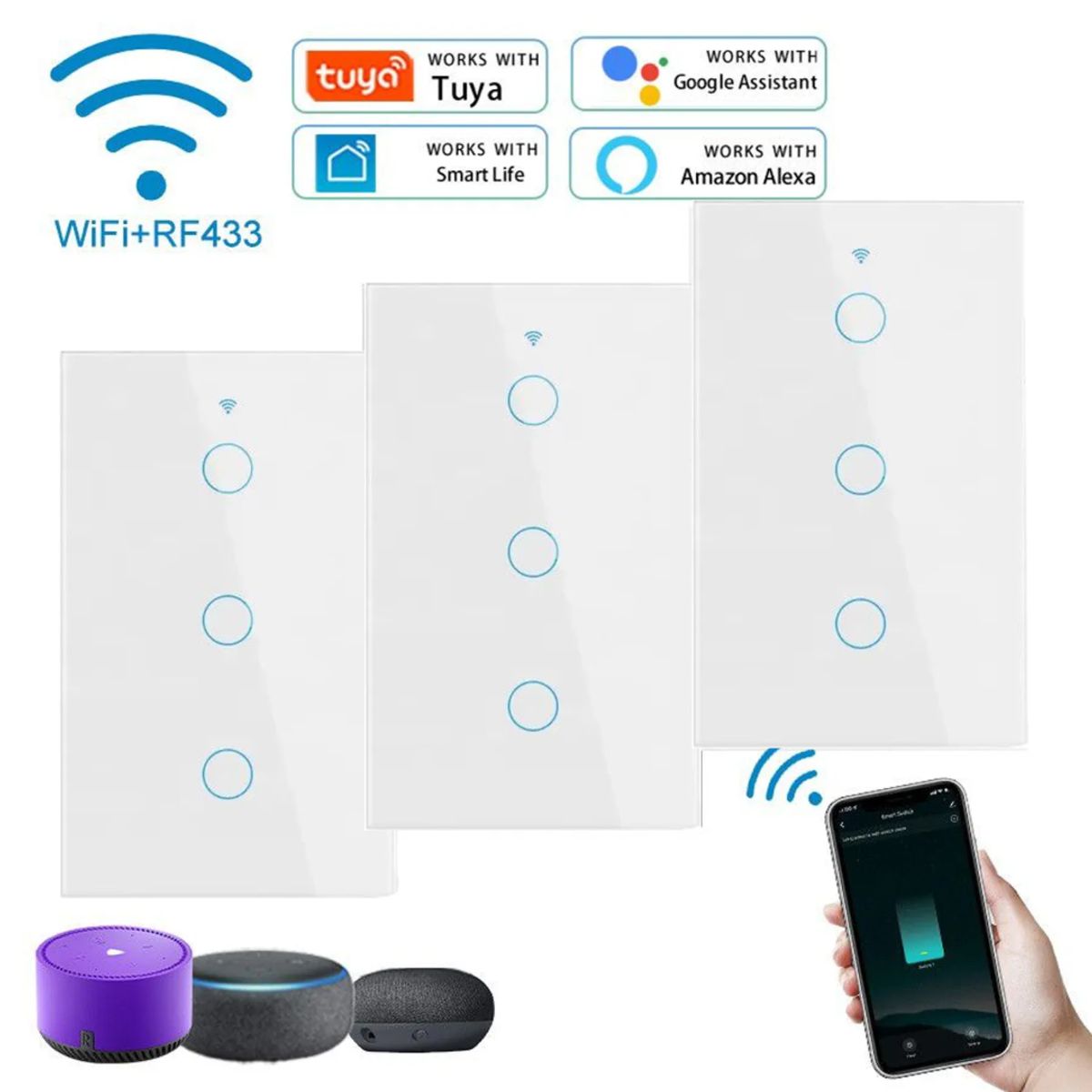 GENERICO - PACK X3 INTERRUPTOR INTELIGENTE WIFI ALEXA GOOGLE 3 BOTONES BLANCO