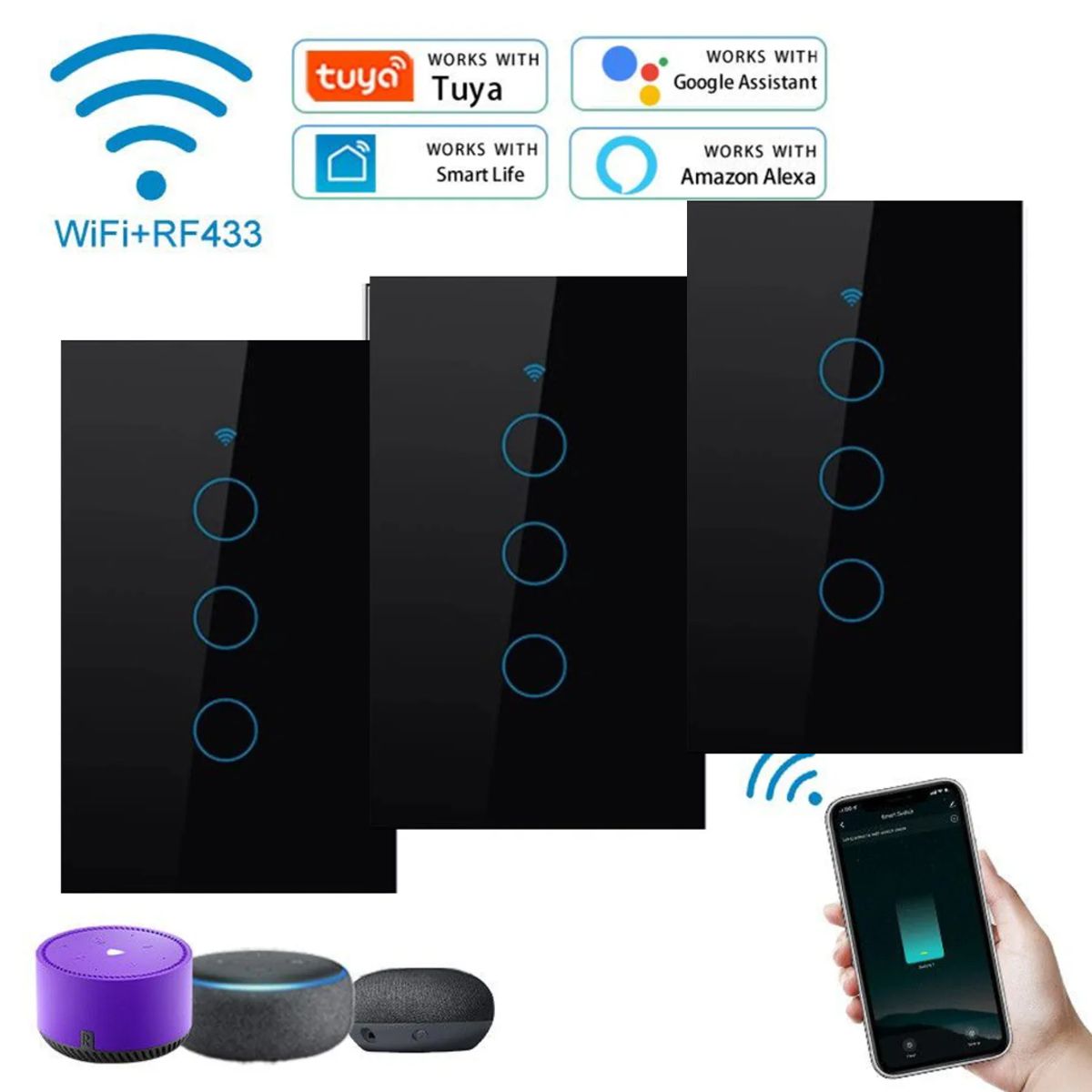 GENERICO - PACK X3 INTERRUPTOR INTELIGENTE WIFI ALEXA GOOGLE 3 BOTONES NEGRO