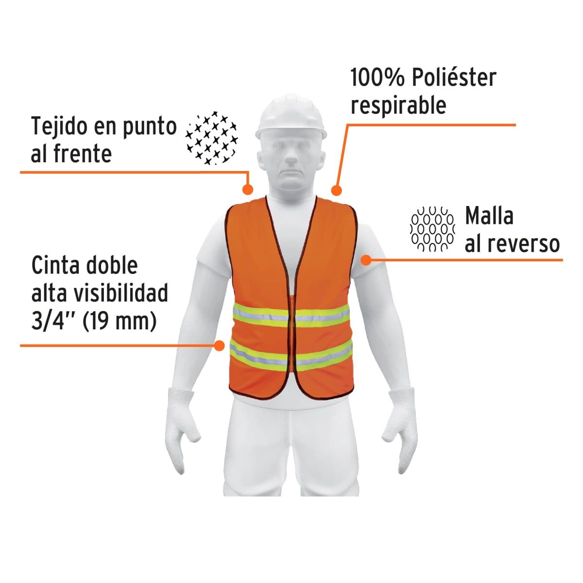 TRUPER - Chaleco de seguridad naranja alta visibilidad con cierre Truper