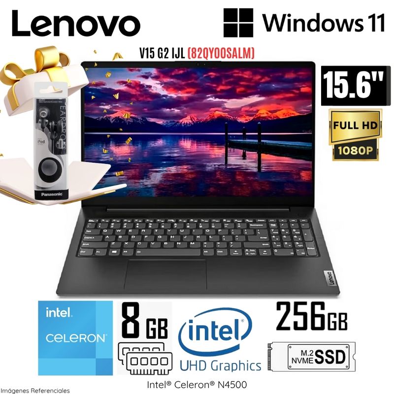 LENOVO - Laptop Lenovo V15 G2 IJL Intel Celeron N4500 8GB RAM 256GB SSD 15.6"  FHD 82QY00SALM + Regalo