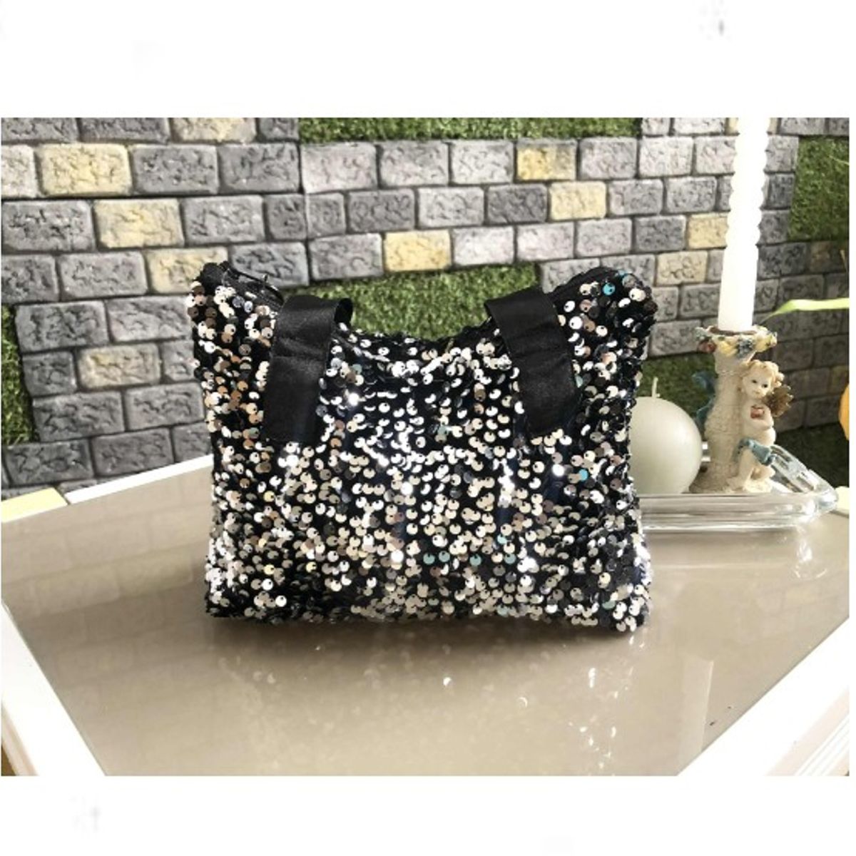 GENERICO - Bolso de Mano Negro con Lentejuelas Plateadas