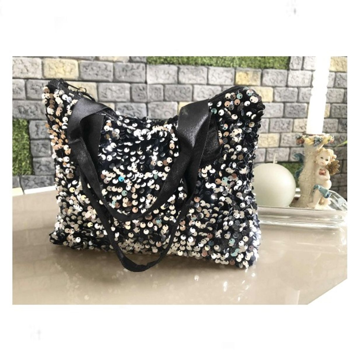 GENERICO - Bolso de Mano Negro con Lentejuelas Plateadas