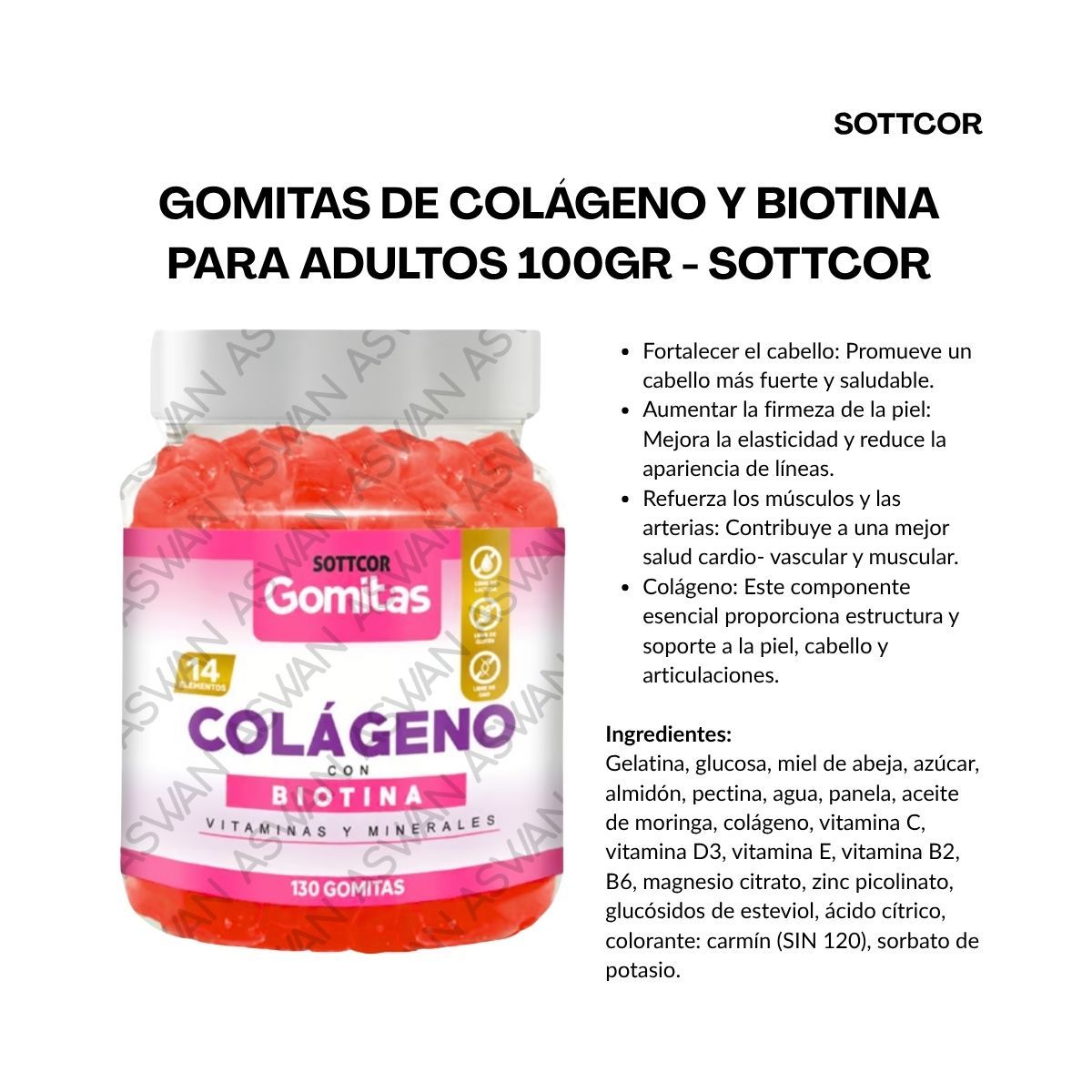 GENERICO - GOMITAS DE COLÁGENO Y BIOTINA PARA ADULTOS 130 UNIDADES SOTTCOR 100GR
