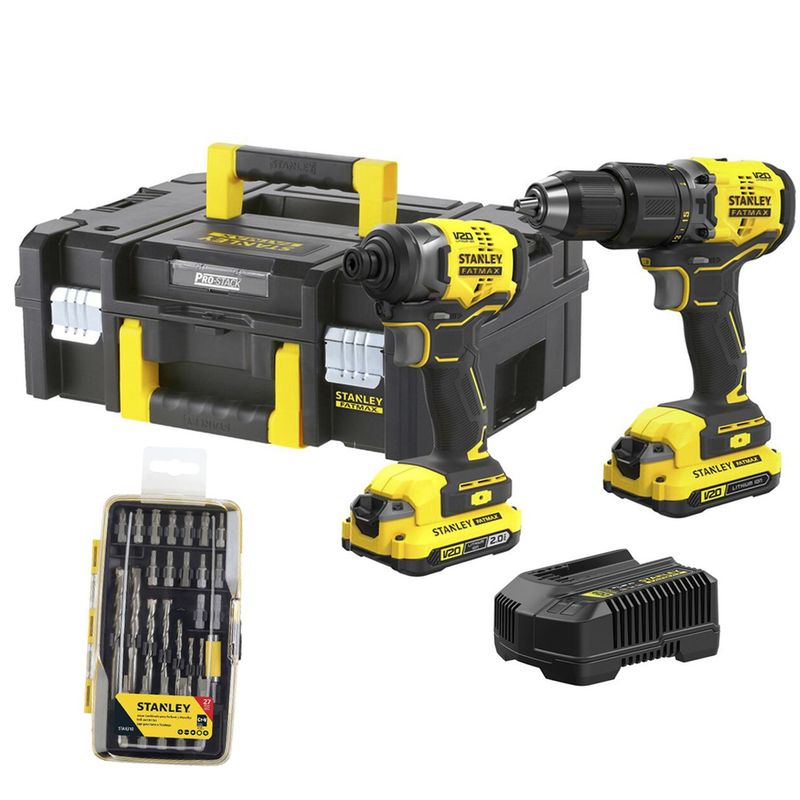 STANLEY - Atorn de Impacto 1/4" + Taladro Perc 1/2" 20V Fatmax 2 Bat + Set 27 Pzs Stanley