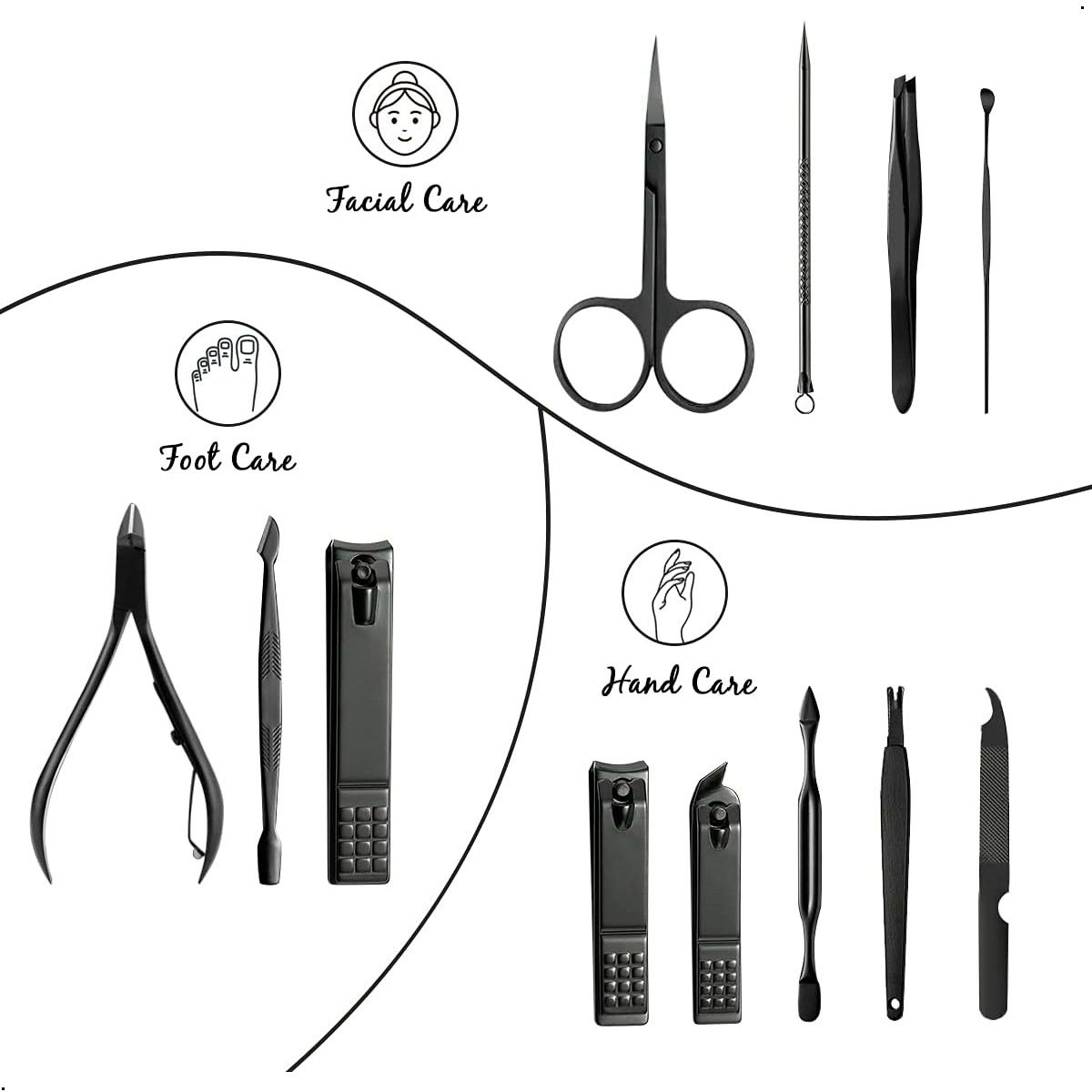 GENERICO - Set 12 Piezas  Manicura y Pedicura de Acero Color Negro