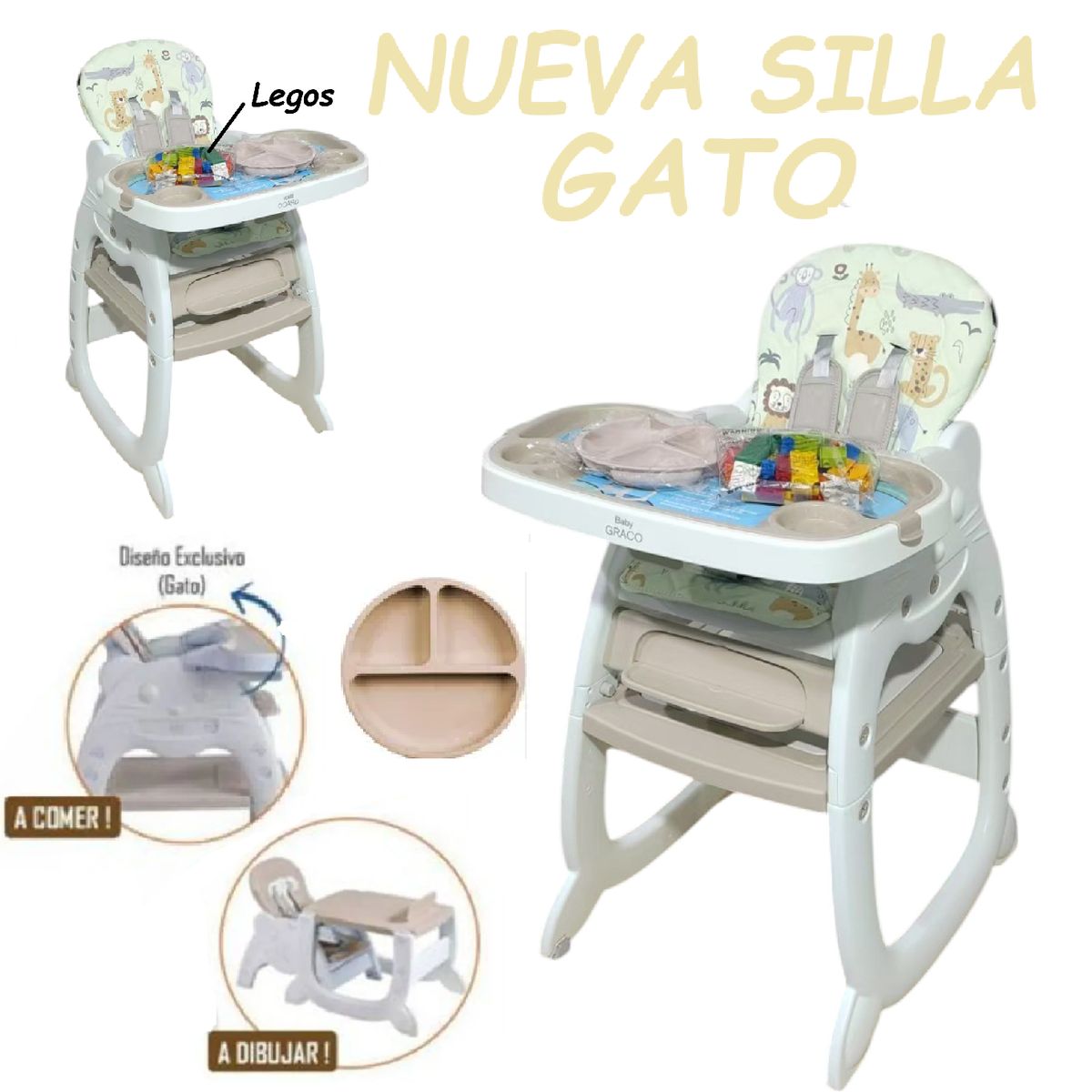 GENERICO - Nueva Silla Carpeta Lego con Plato Gato 3 en 1 -Beige
