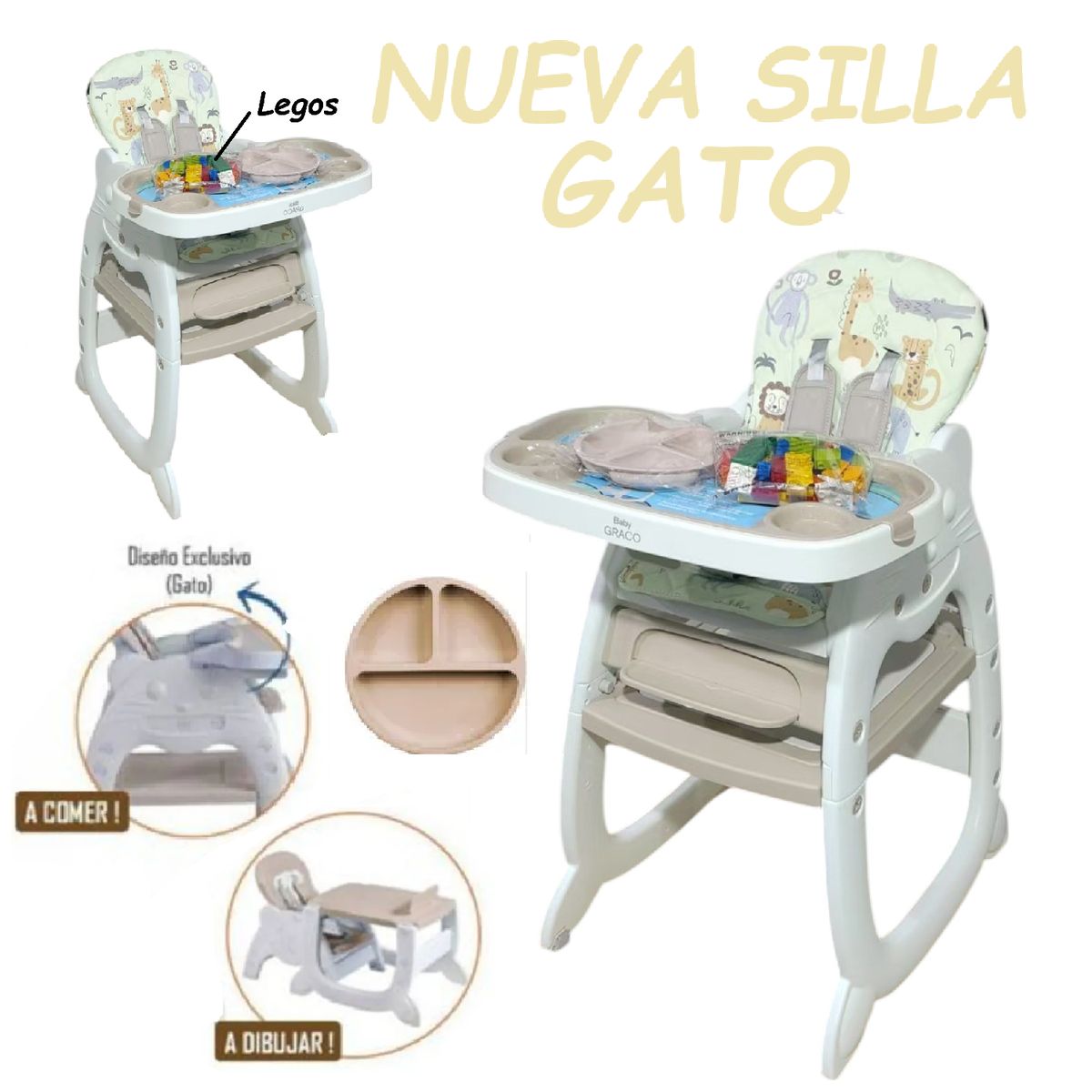 GENERICO - Nueva Silla Carpeta Lego con Plato Gato 3 en 1 -Beige