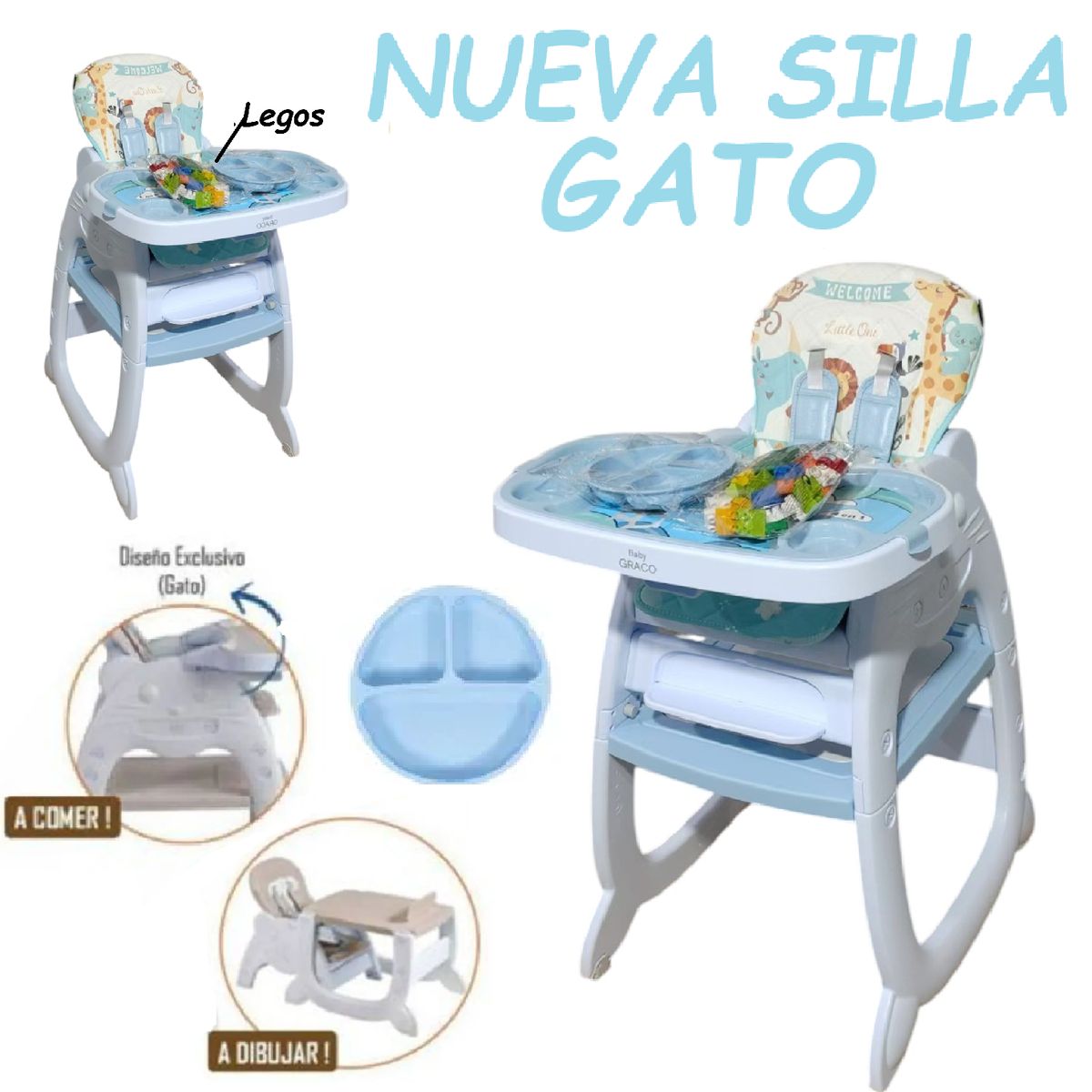 GENERICO - Nueva Silla Carpeta Lego con Plato Gato 3 en 1 -Celeste