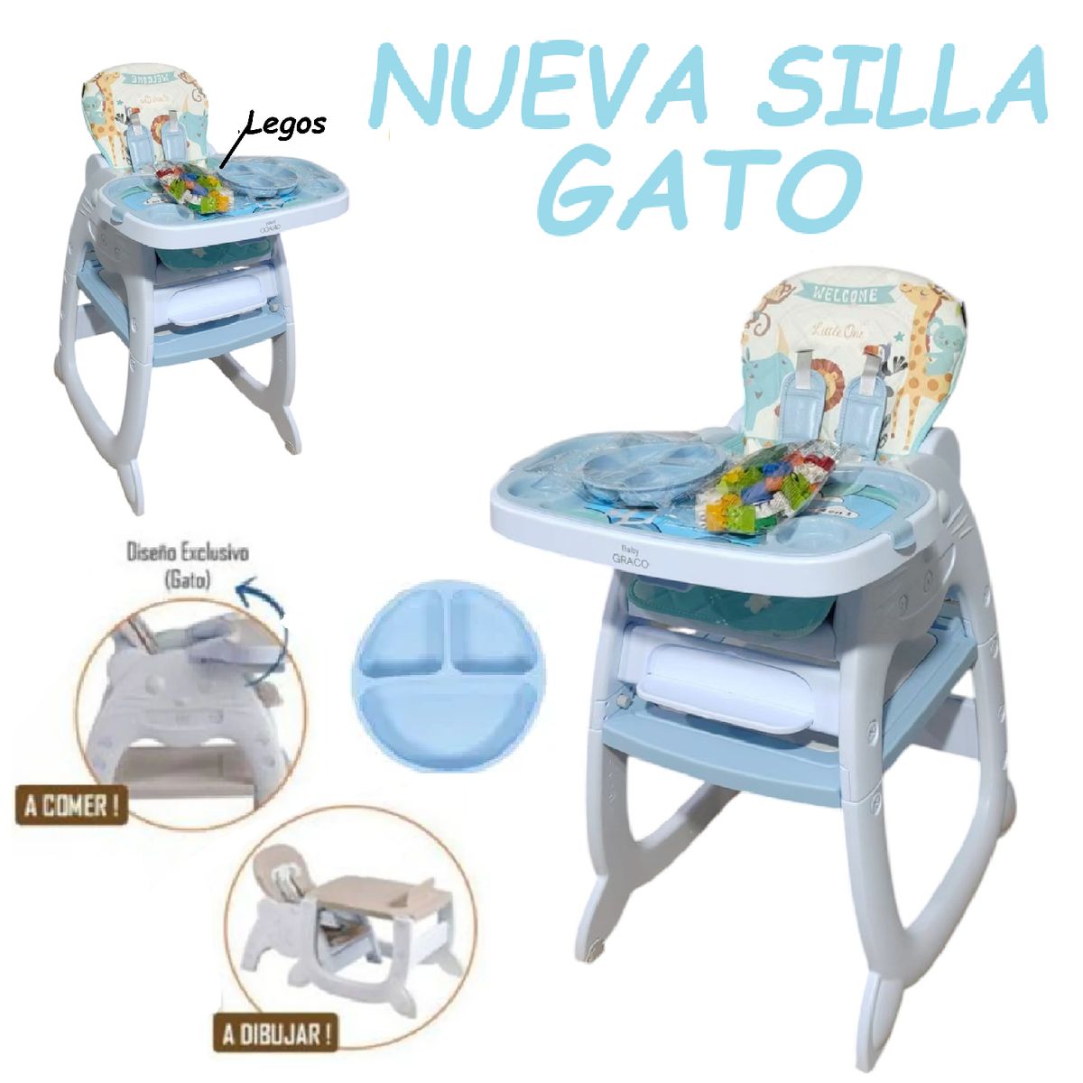 GENERICO - Nueva Silla Carpeta Lego con Plato Gato 3 en 1 -Celeste