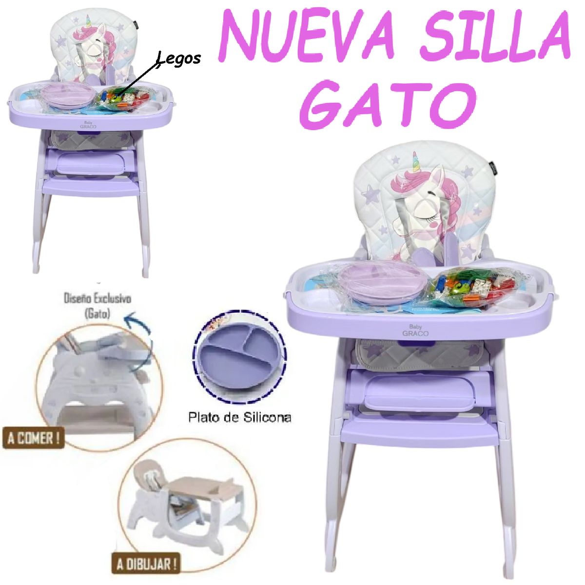 GENERICO - Nueva Silla Carpeta Lego con Plato Gato 3 en 1 -Morado