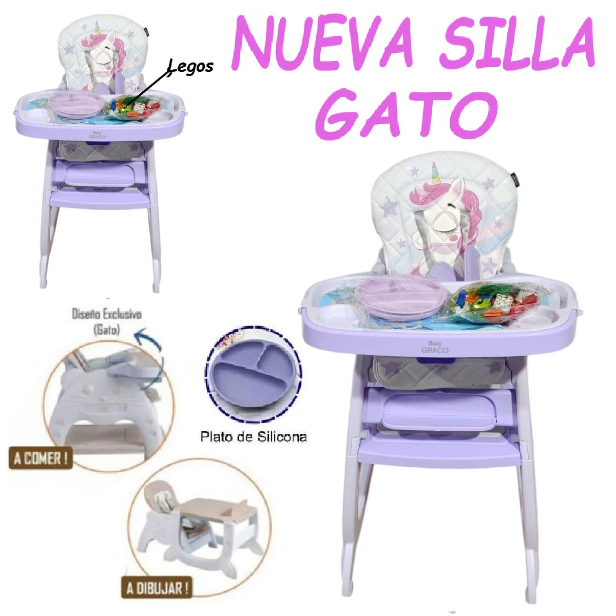 GENERICO - Nueva Silla Carpeta Lego con Plato Gato 3 en 1 -Morado