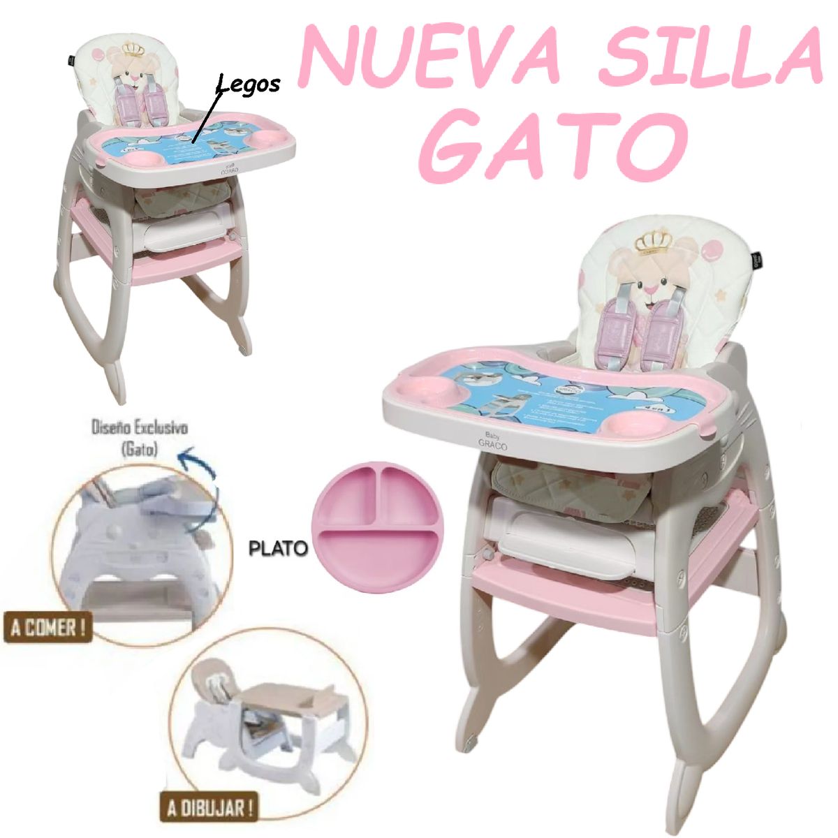 GENERICO - Nueva Silla Carpeta Lego con Plato Gato 3 en 1 -Rosa