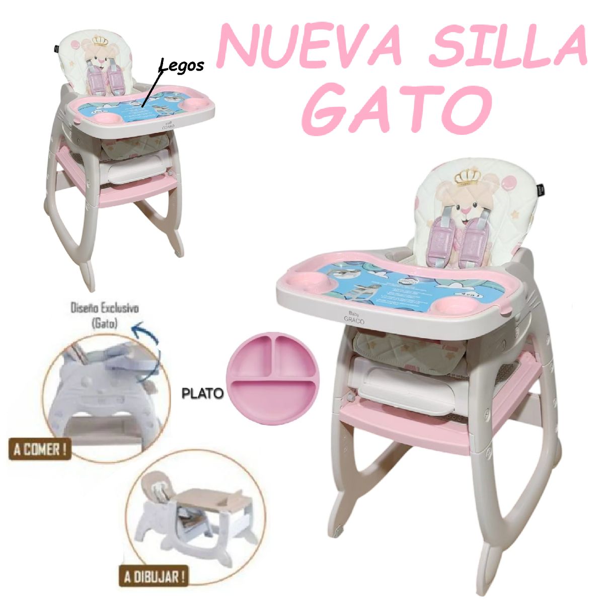 GENERICO - Nueva Silla Carpeta Lego con Plato Gato 3 en 1 -Rosa