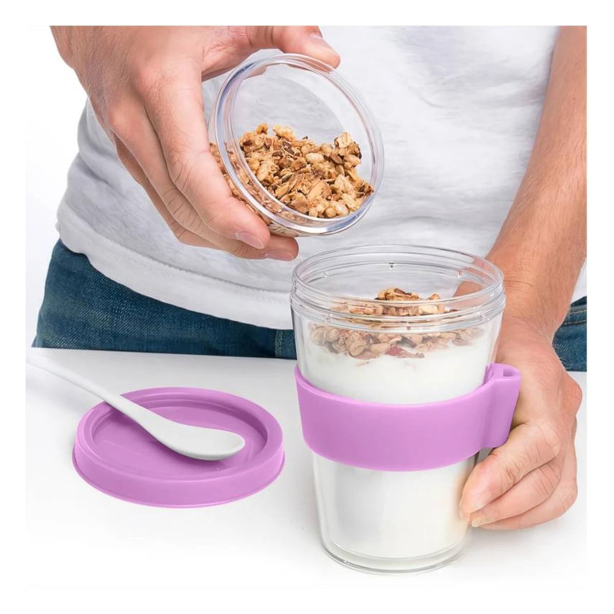 GENERICO - Pack2 Vaso para Yogurt y Cereal 350ml con Cuchara en Rosado