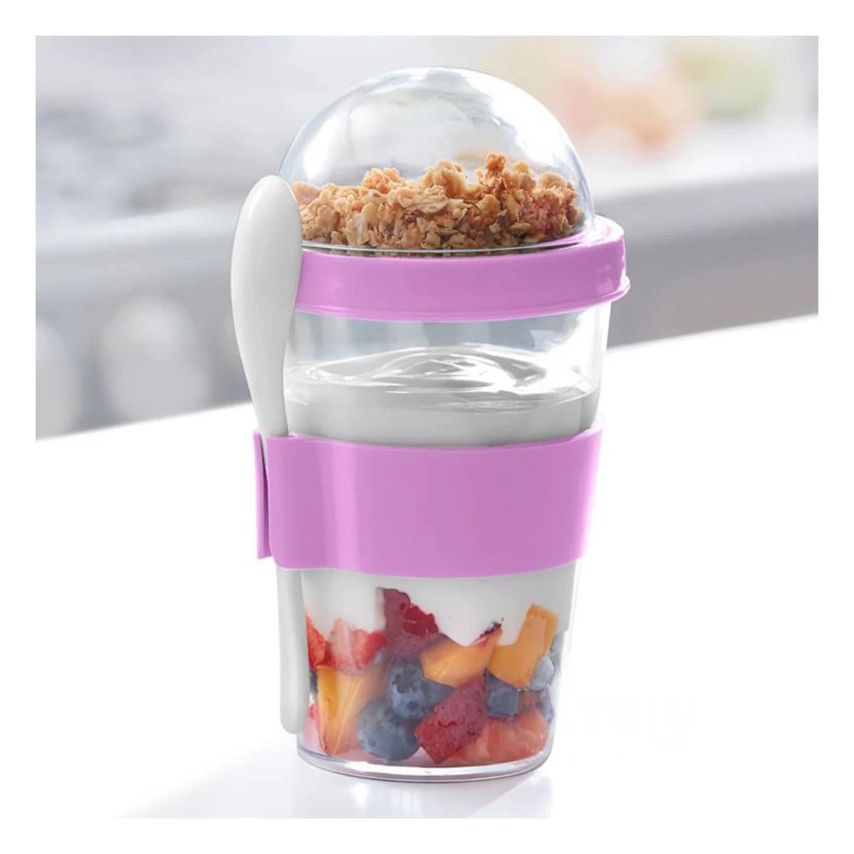 GENERICO - Pack2 Vaso para Yogurt y Cereal 350ml con Cuchara en Rosado