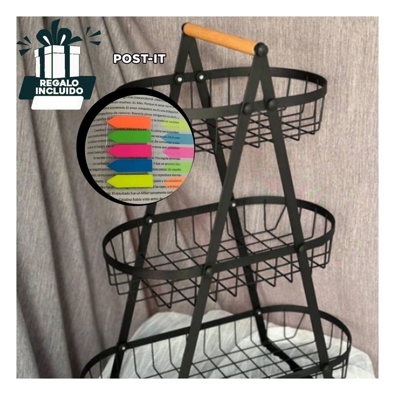 GENERICO - Organizador de Fruta de 3 Canastas Negro Y+Post-it Adhesivos