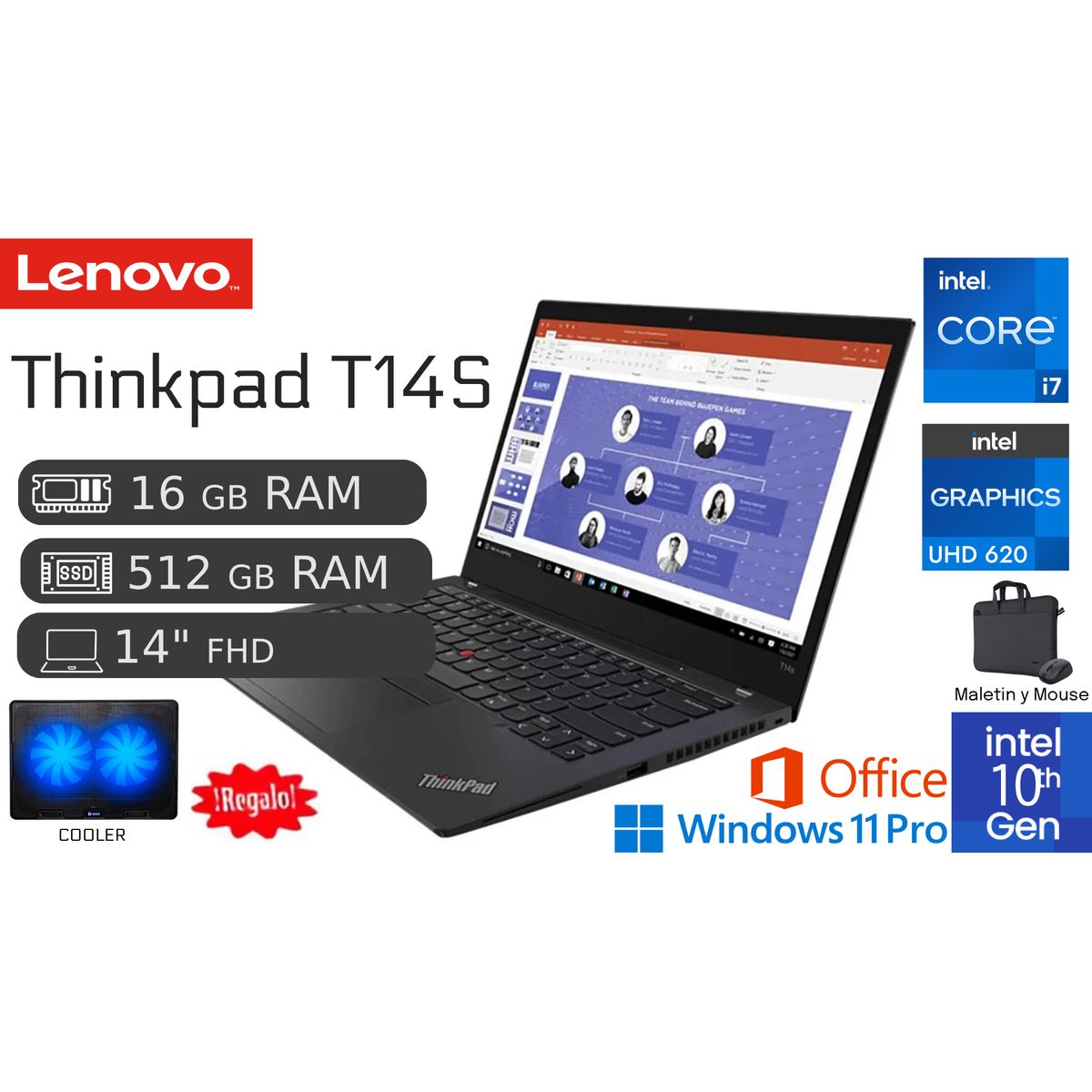 LENOVO - Laptop Lenovo Thinkpad T14s I7 10ma 16gb Ram 512gb Ssd Reacondicionada 1 Año Garantía + COOLER