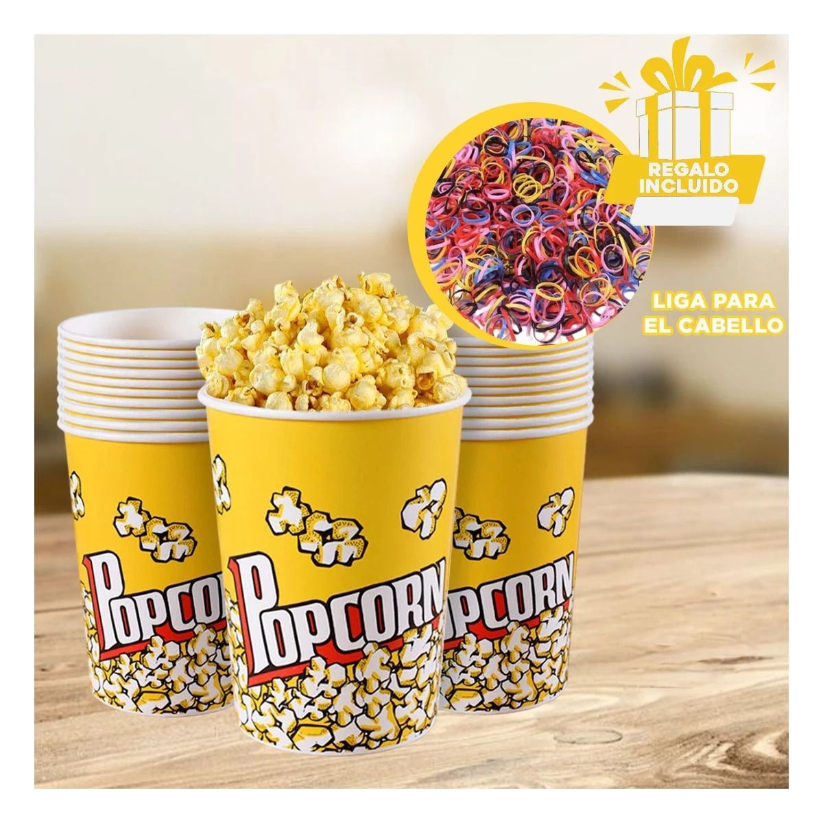 GENERICO - Pack4 Cubeta Palomitas Delgado Amarillo Y+Ligas de Regalo