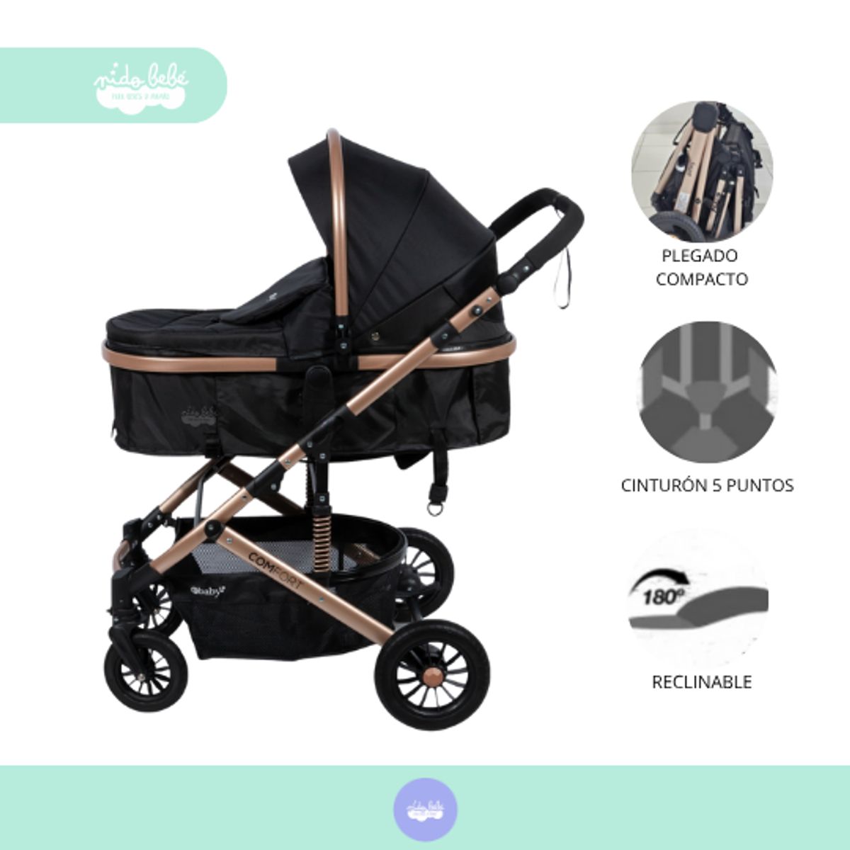 BABY - Coche Moises de bebé modelo premium Nate black