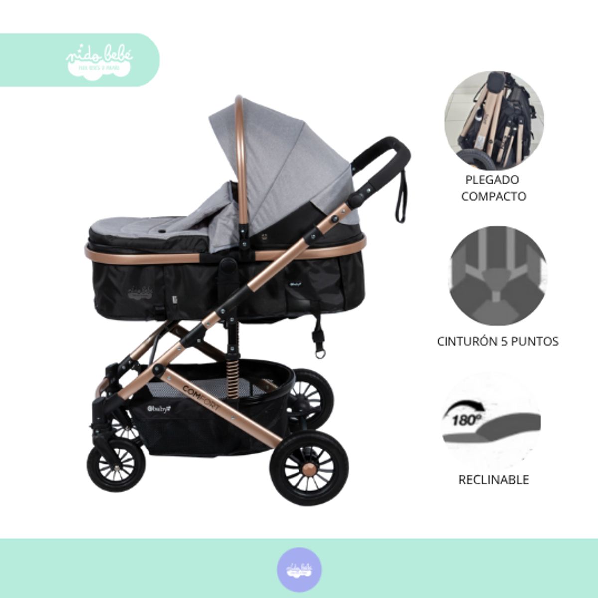 BABY - Coche Moises de bebé modelo premium Nate gris