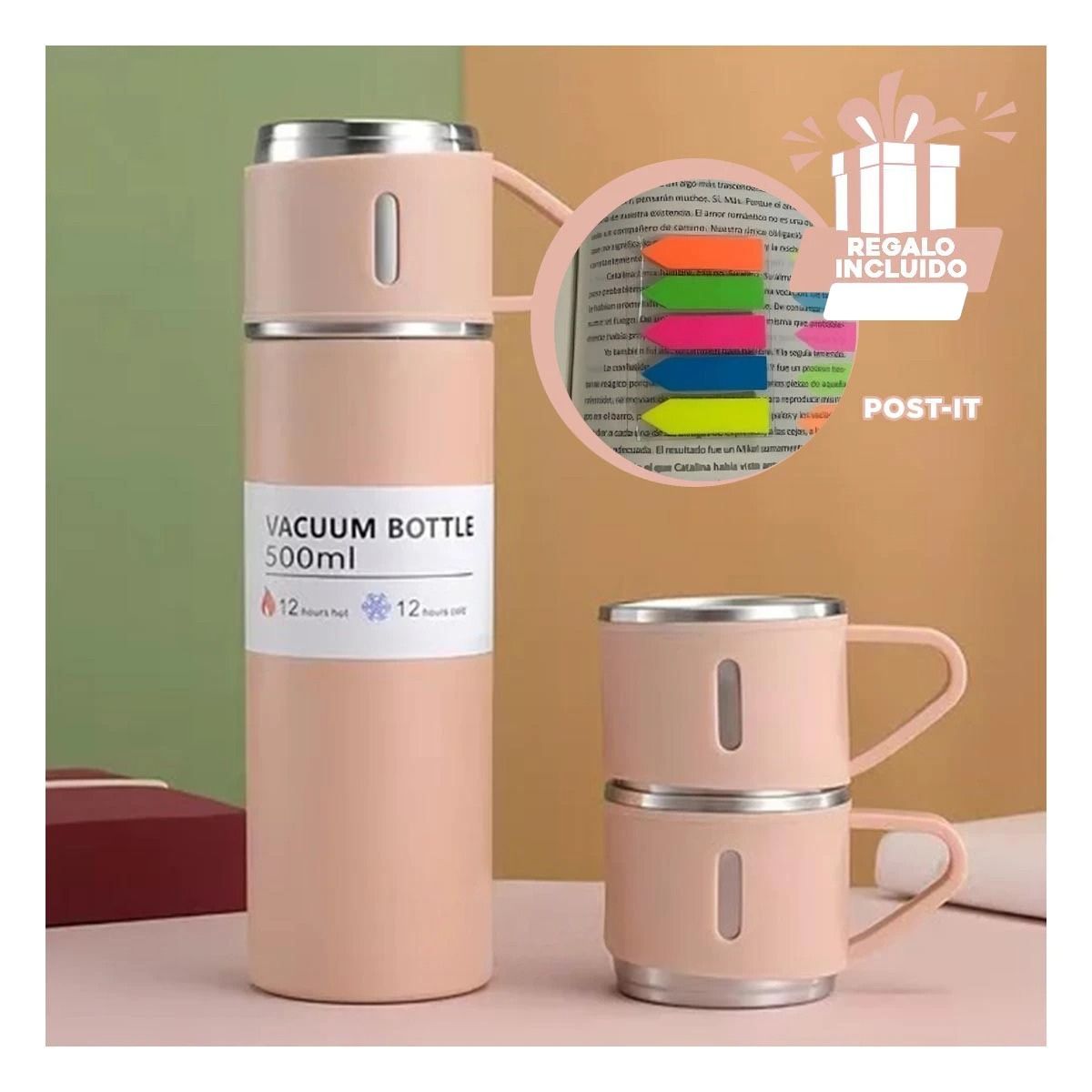 GENERICO - Pack12 Botella Termica para Cafe Rosa Y+Banderitas Adhesivas