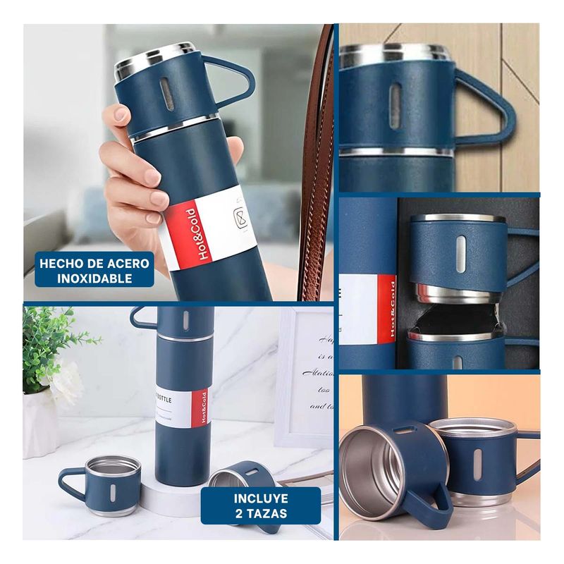 GENERICO - Pack4 Termo Portatil Inoxidable Azul Y+Banderitas Adhesivas