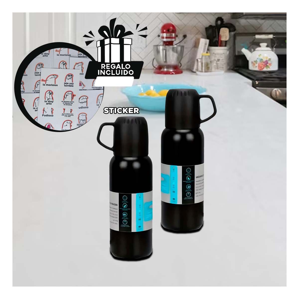 GENERICO - Termo de Acero Mantiene el Frio Negro Y+Regalo Stickers