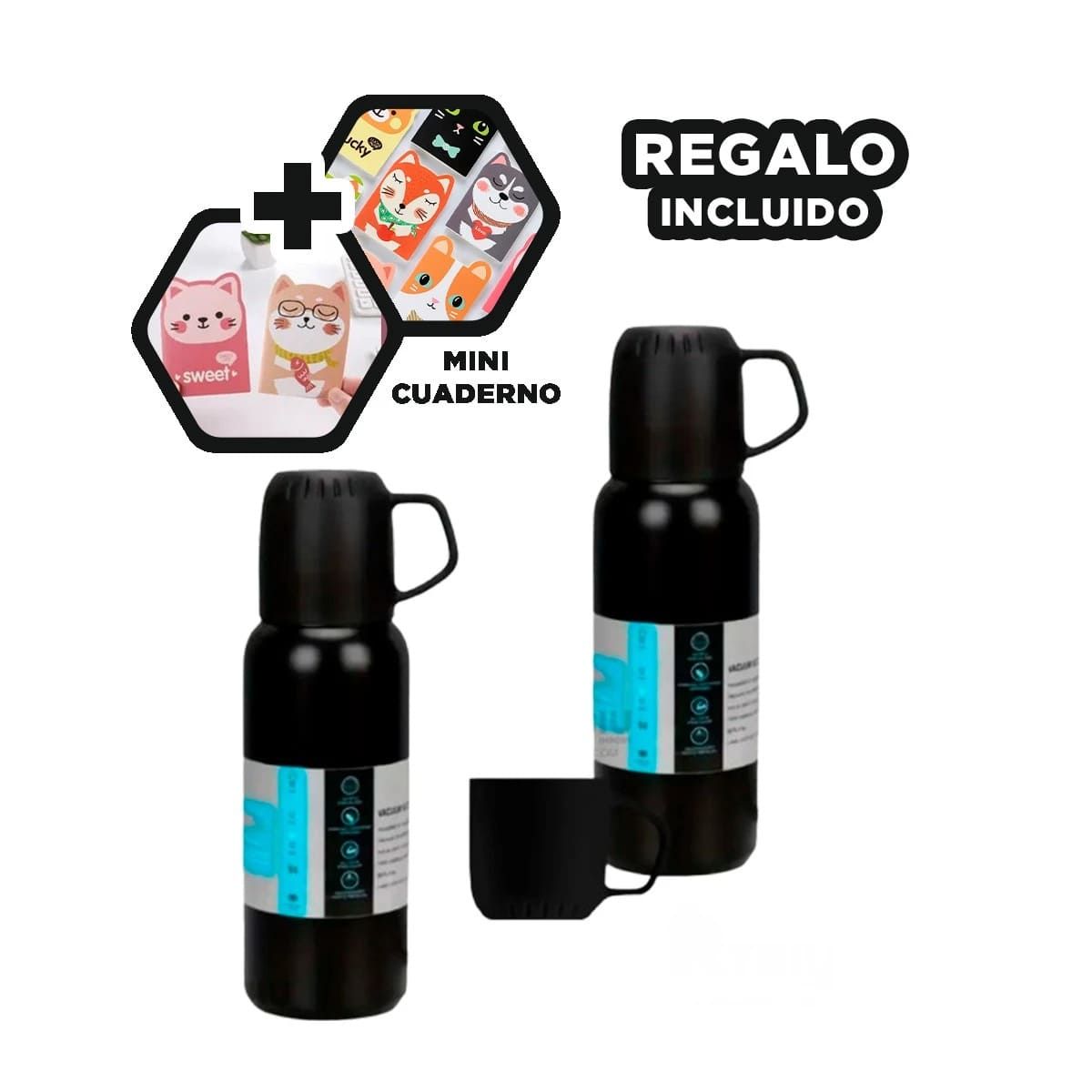 GENERICO - Pack6 Botella Mantiene Temperatura Negro Y+Regalo Agendita