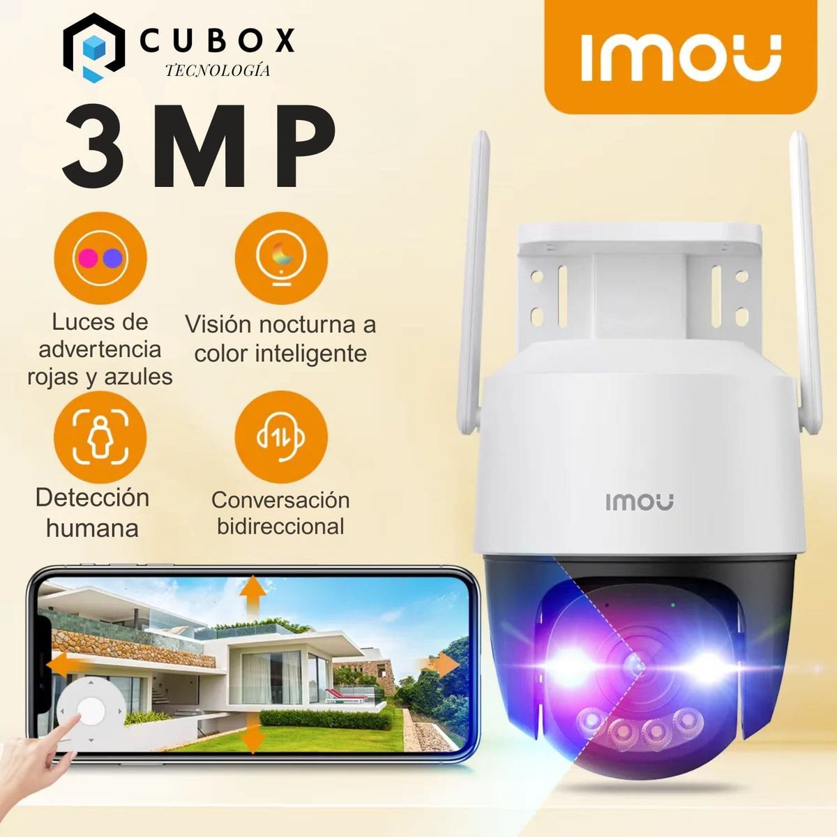 IMOU - Cámara IMOU Cruiser SC 3MP  WiFi PT con Luces Rojo-Azul y Visión Nocturna a Color