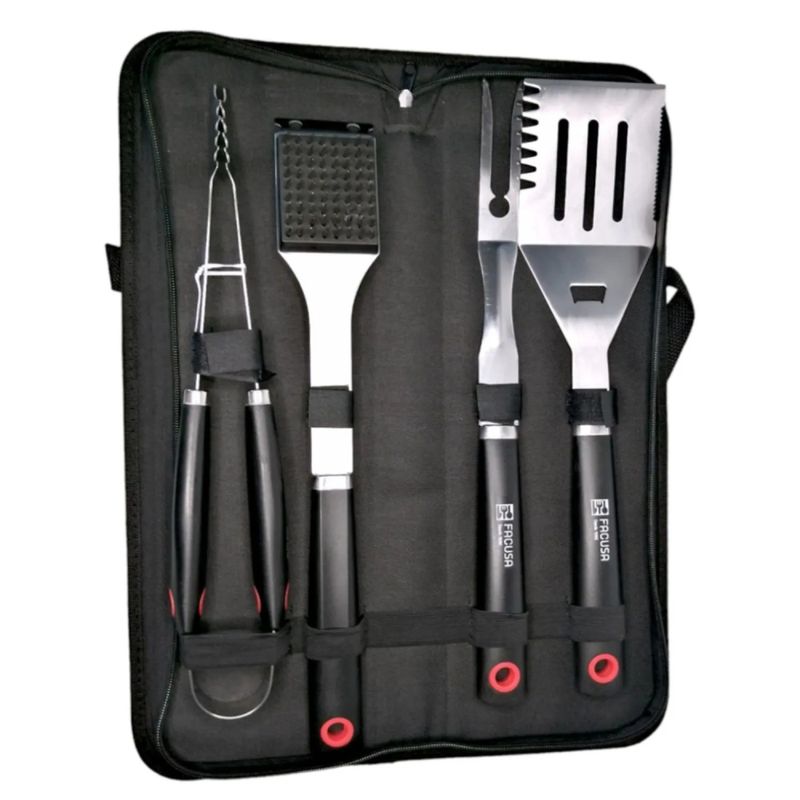 FACUSA - Set de Utensilios x 4 para Parrilla BBQ con Maleta de Nylon