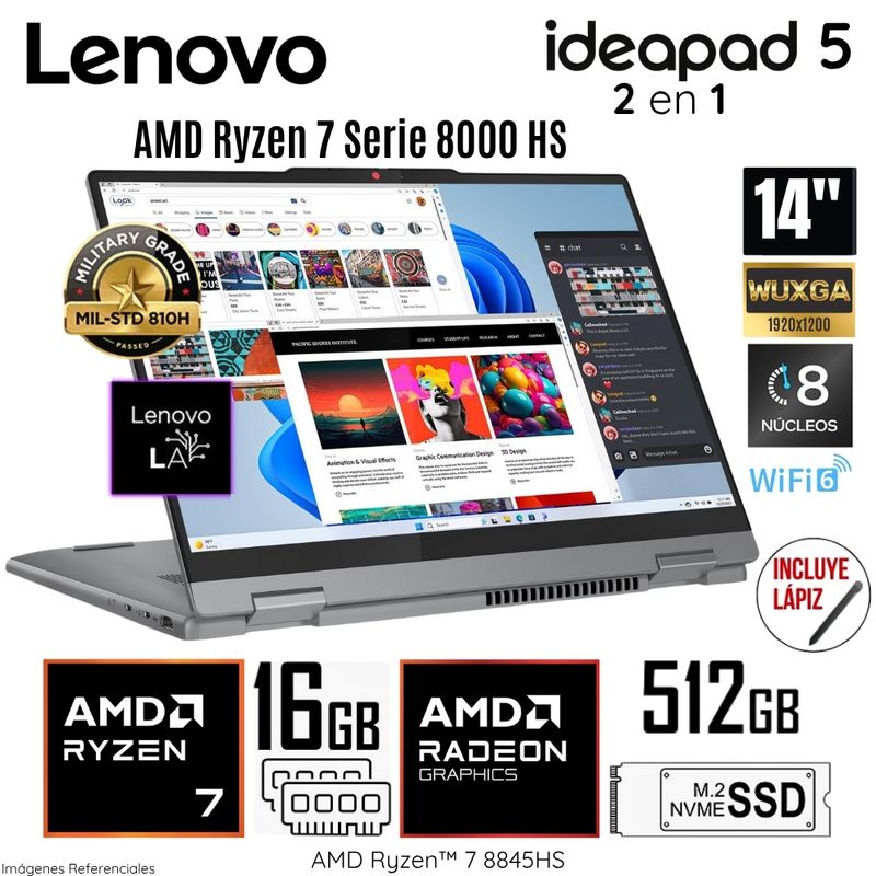 LENOVO - Laptop Lenovo Ideapad 5 2 en 1 14AHP9 AMD Ryzen 7 8845HS 16GB RAM 512GB SSD 14" WUXGA - 83DR007QLM