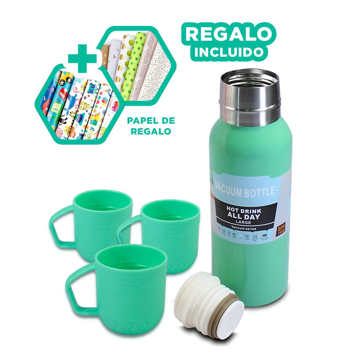 GENERICO - Pack6 Botella con 3 Tazas Practicas Verde Y+Papel de Regalo