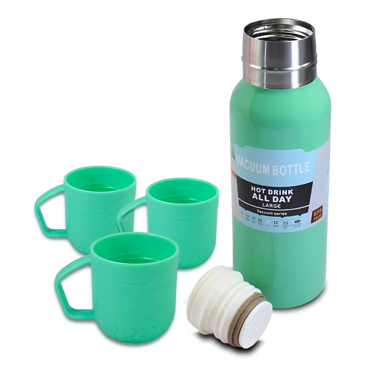 GENERICO - Pack6 Botella con 3 Tazas Practicas Verde Y+Papel de Regalo