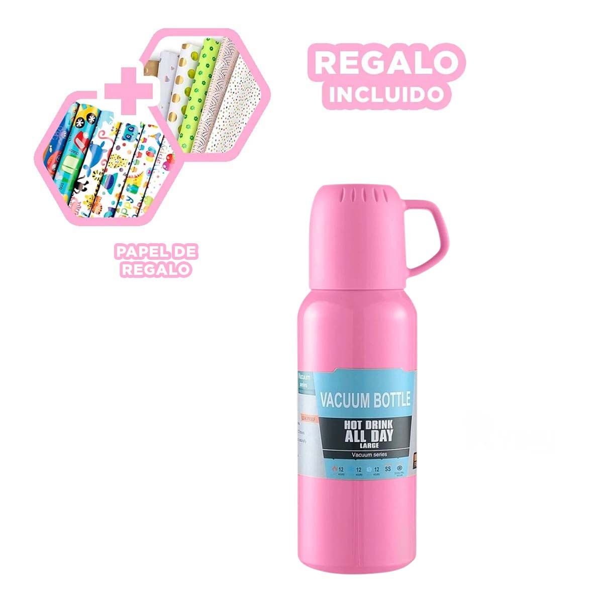 GENERICO - Pack6 Botella con 3 Tazas Practicas Rosado Y+Papel de Regalo