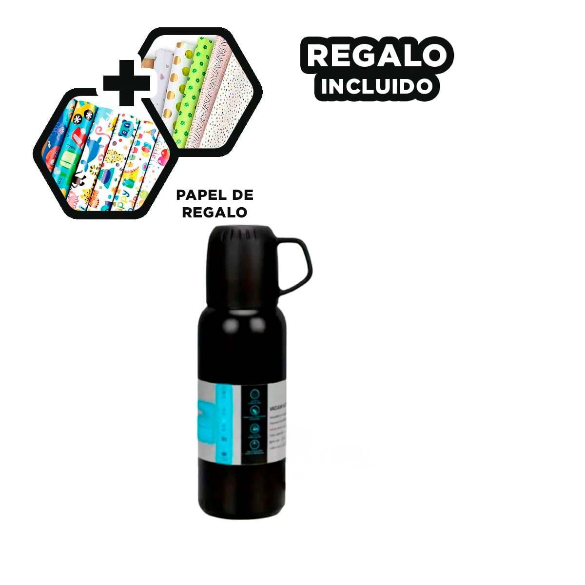 GENERICO - Pack6 Botella con 3 Tazas Practicas Negro Y+Papel de Regalo