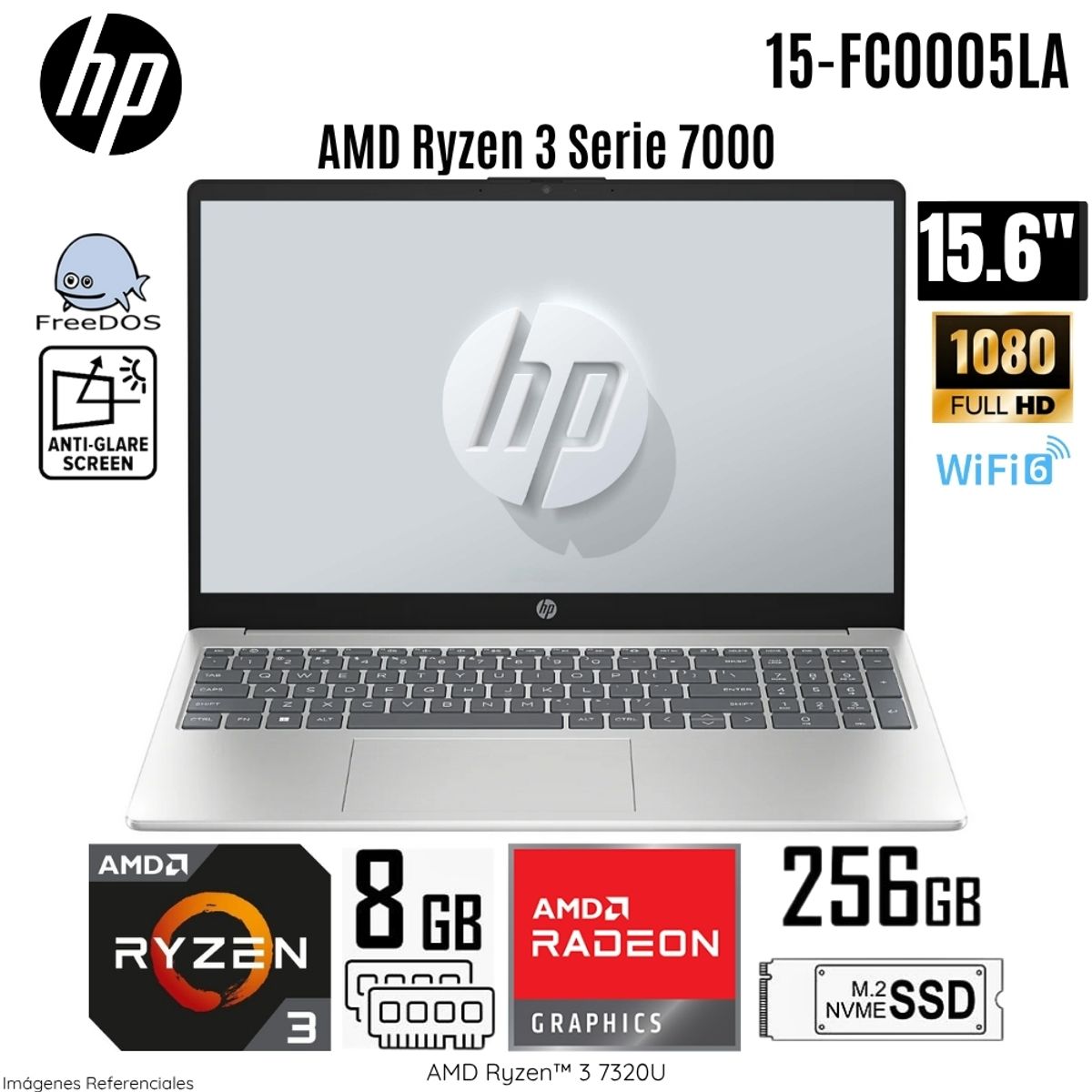 HP - Laptop HP 15-FC0005LA  AMD Ryzen 3-7320U 8GB RAM 256GB SSD 15.6" FHD Natural Silver Free Dos